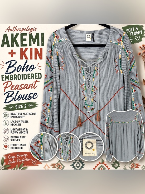 Akemi + Kin Tops - Anthropologie Akemi + Kin Embroidered Boho Peasant Blouse Size 2